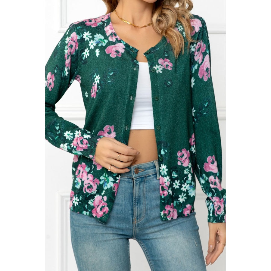 Floral Button Front Round Neck Cardigan