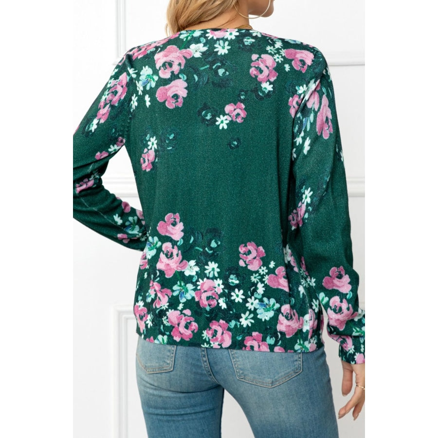 Floral Button Front Round Neck Cardigan