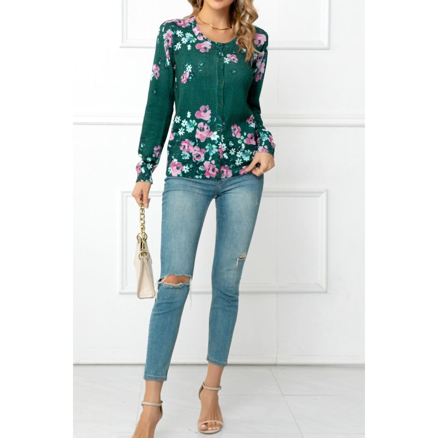 Floral Button Front Round Neck Cardigan