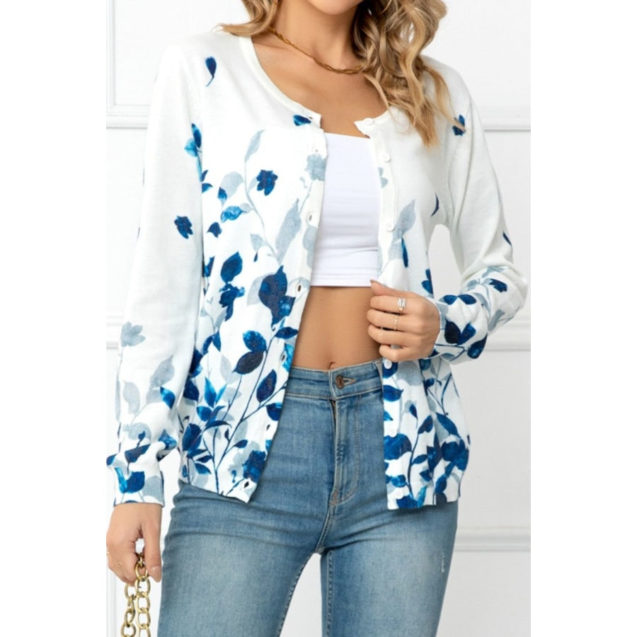 Floral Button Front Round Neck Cardigan White / S