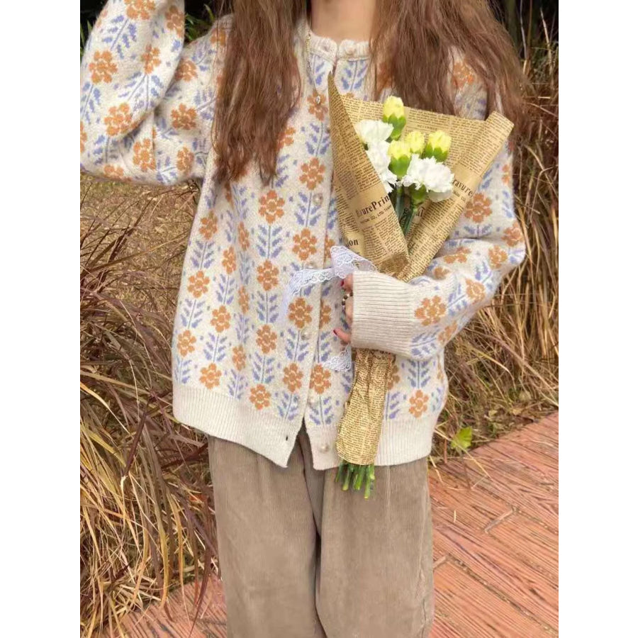 Floral Button Up Knit Cardigan Beige / One Size Apparel and Accessories