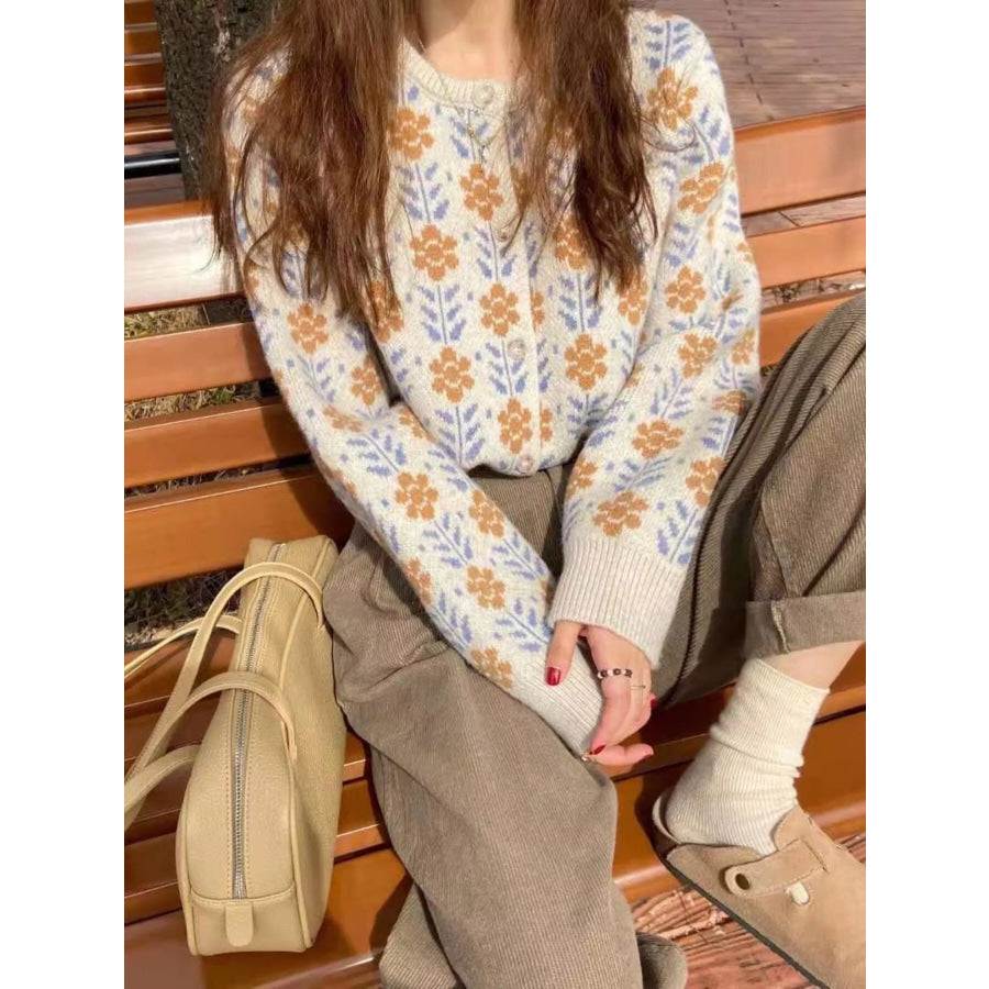 Floral Button Up Knit Cardigan Beige / One Size Apparel and Accessories