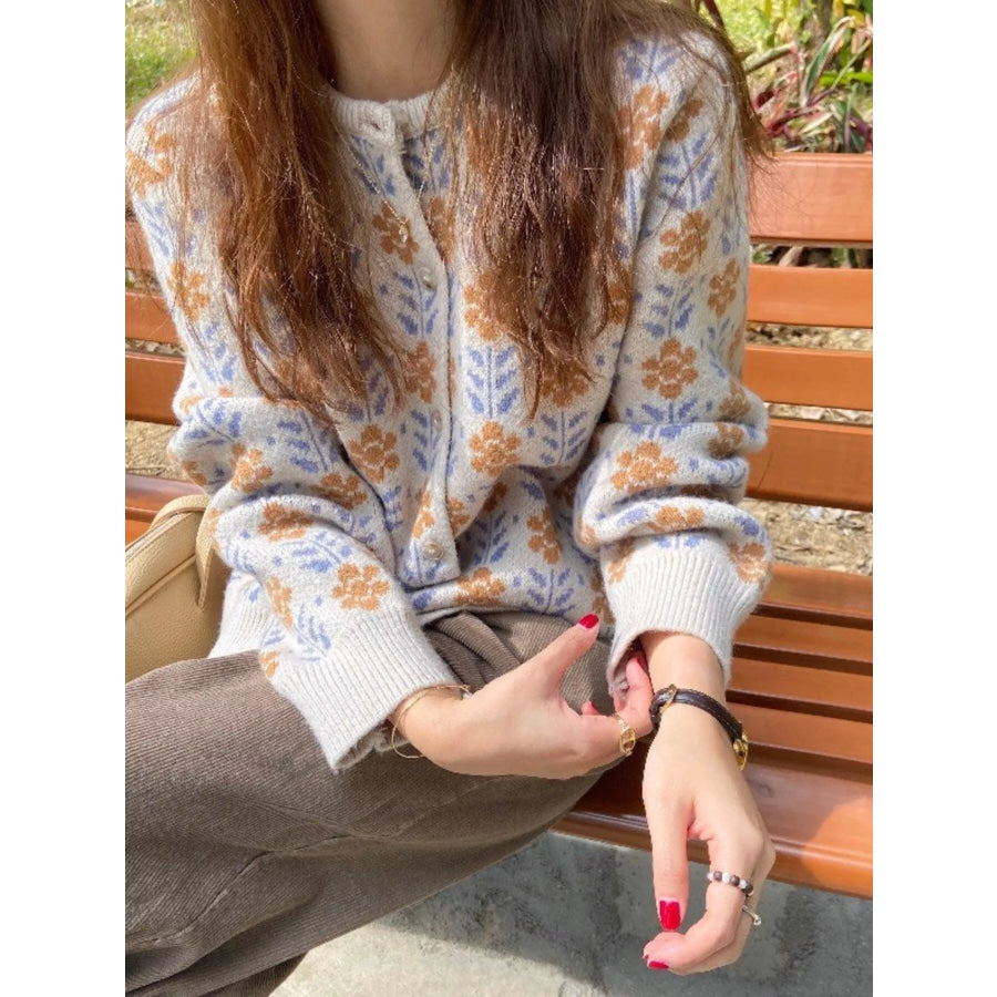 Floral Button Up Knit Cardigan Beige / One Size Apparel and Accessories