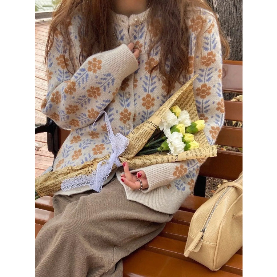 Floral Button Up Knit Cardigan Beige / One Size Apparel and Accessories
