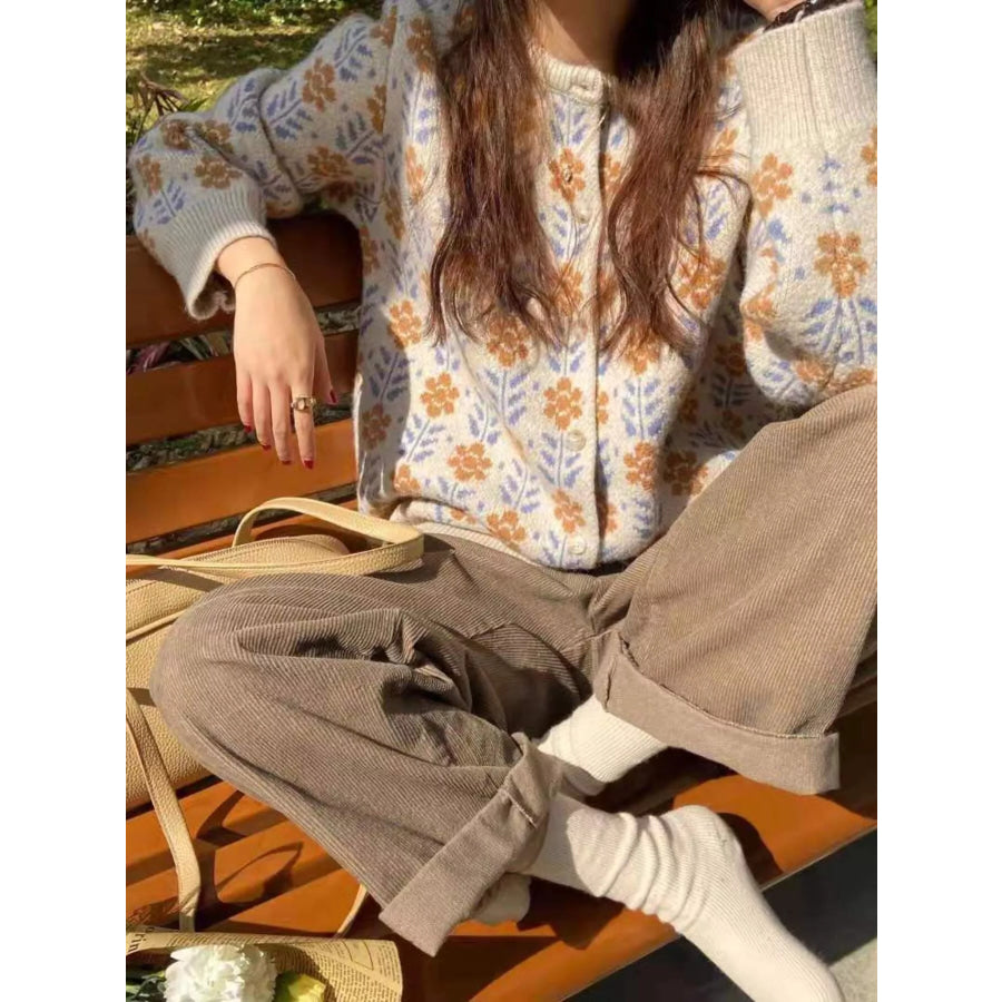Floral Button Up Knit Cardigan Beige / One Size Apparel and Accessories