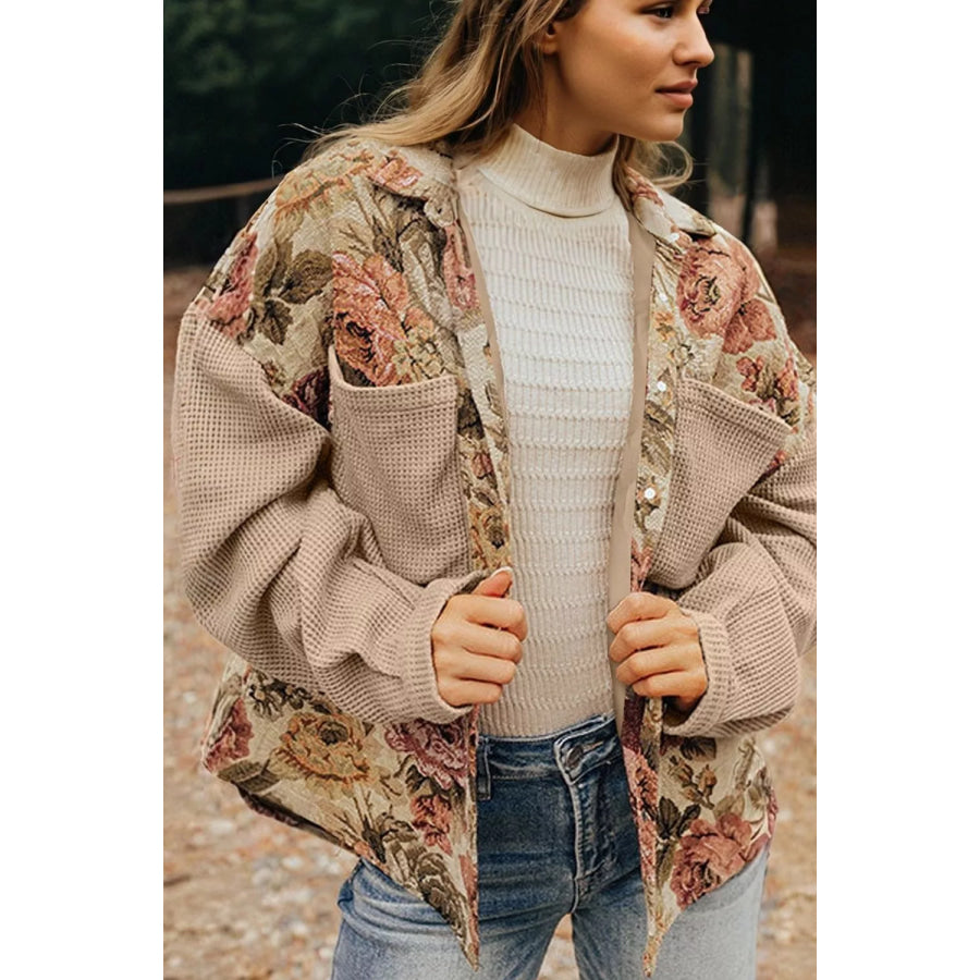 Floral Button Up Long Sleeve Shacket Khaki / S Apparel and Accessories