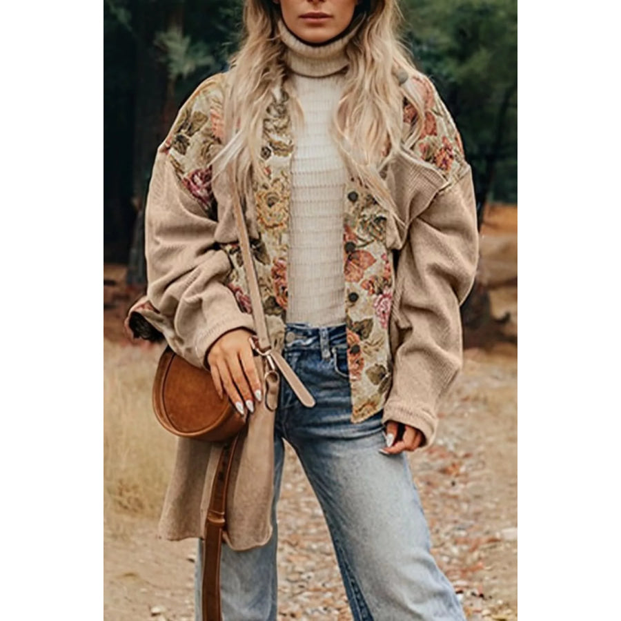 Floral Button Up Long Sleeve Shacket Khaki / S Apparel and Accessories