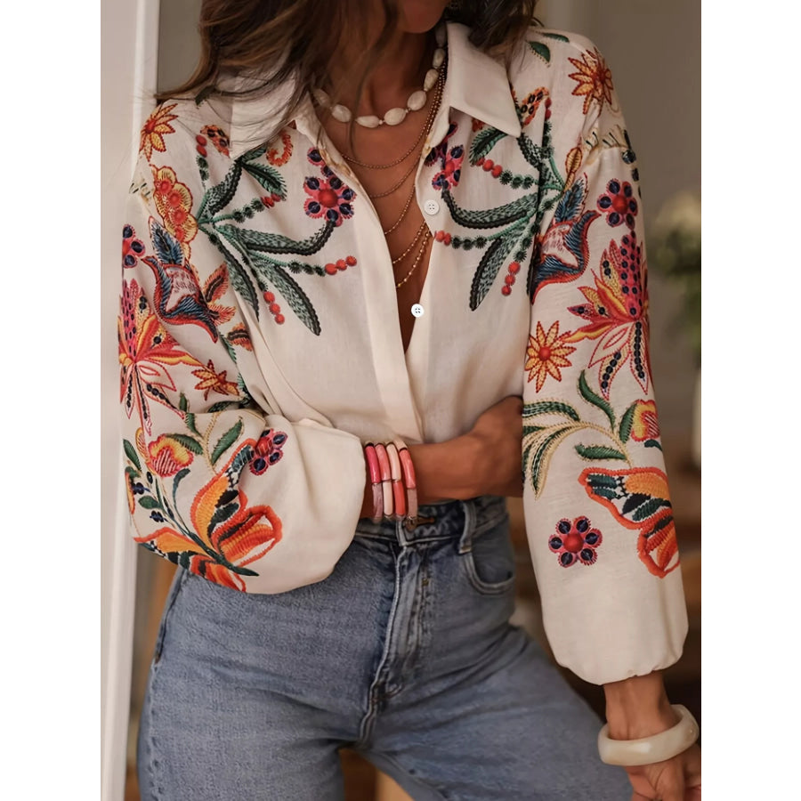 Floral Button Up Long Sleeve Shirt Beige / S Apparel and Accessories