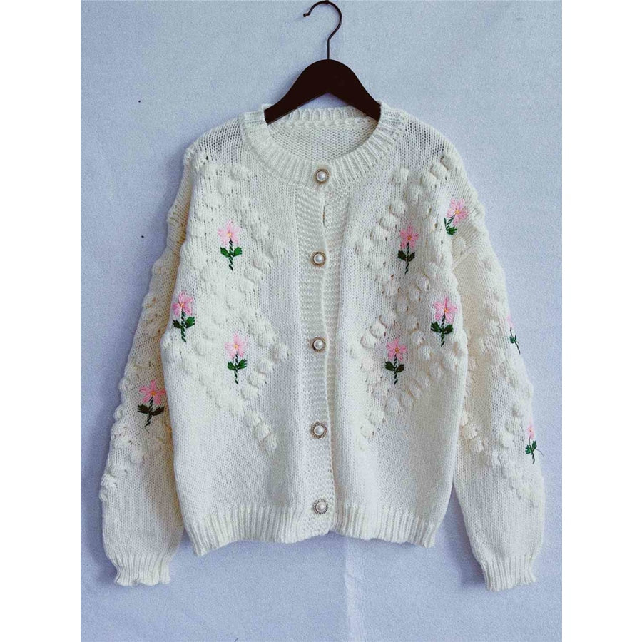 Floral Button Up Round Neck Long Sleeve Cardigan