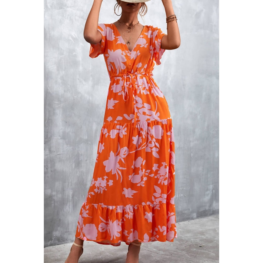 Floral Buttoned Drawstring Waist Tiered Dress Safety Orange / S