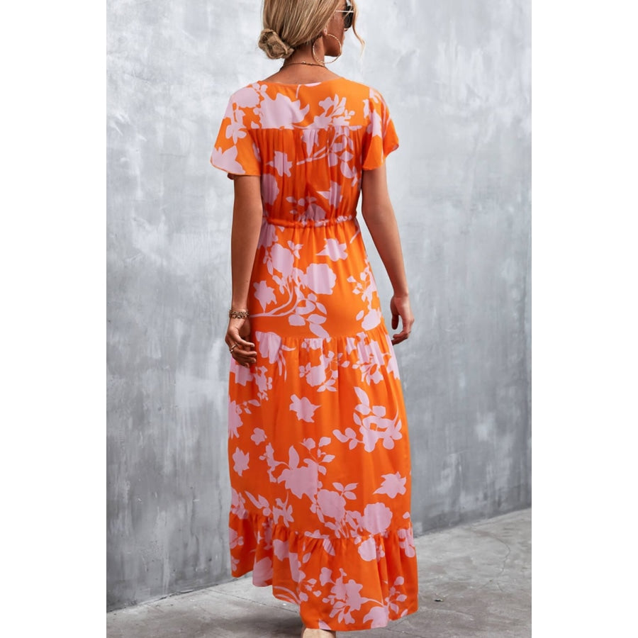 Floral Buttoned Drawstring Waist Tiered Dress Safety Orange / S