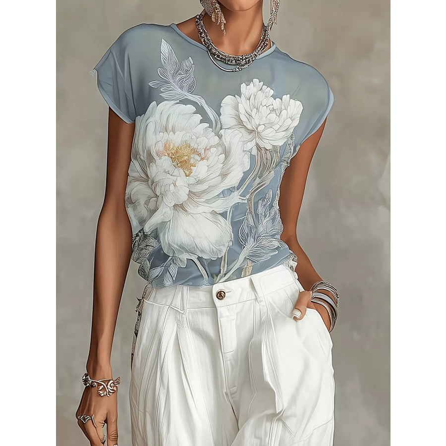Floral Cap Sleeves Sheer Blouse Air Force Blue / S Apparel and Accessories
