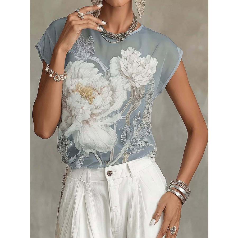 Floral Cap Sleeves Sheer Blouse Apparel and Accessories