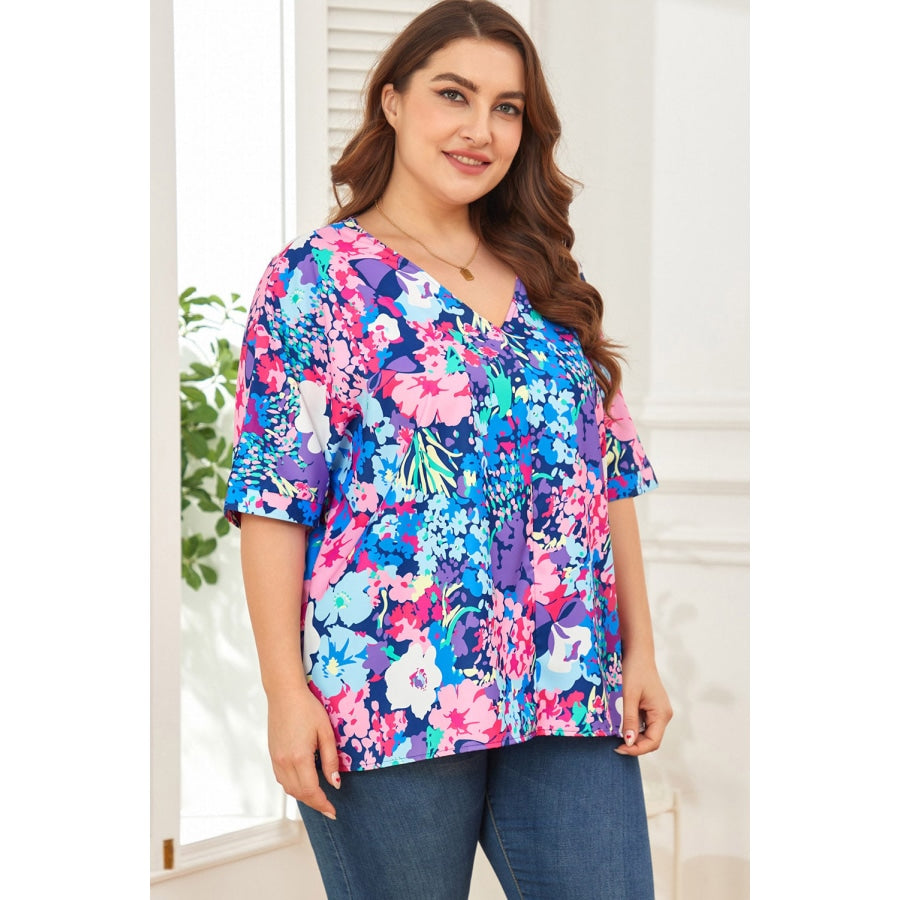 Floral Center Seam V-Neck Blouse