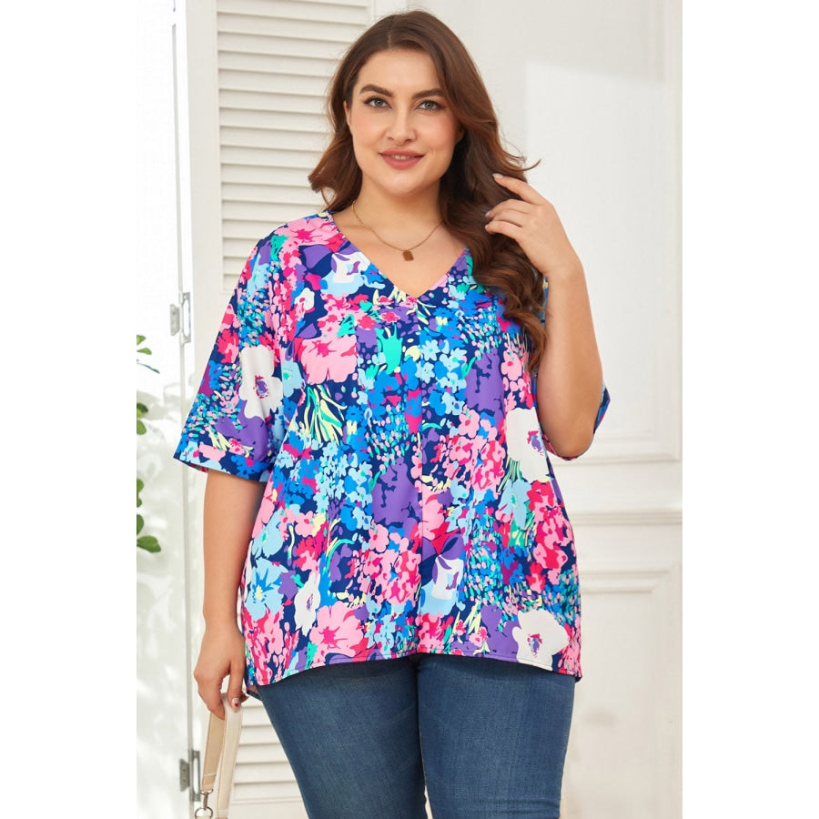 Floral Center Seam V-Neck Blouse