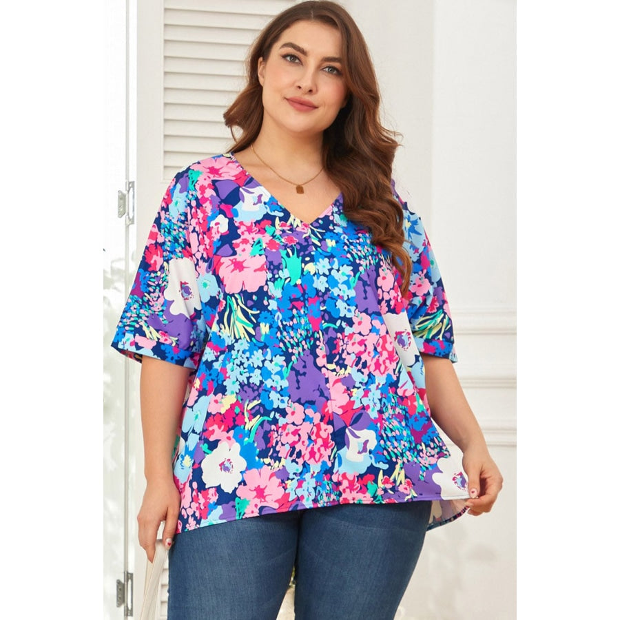 Floral Center Seam V-Neck Blouse