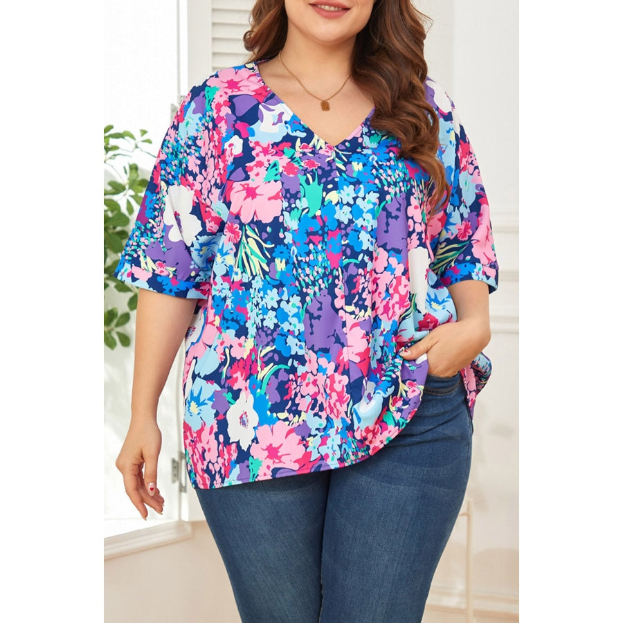 Floral Center Seam V-Neck Blouse