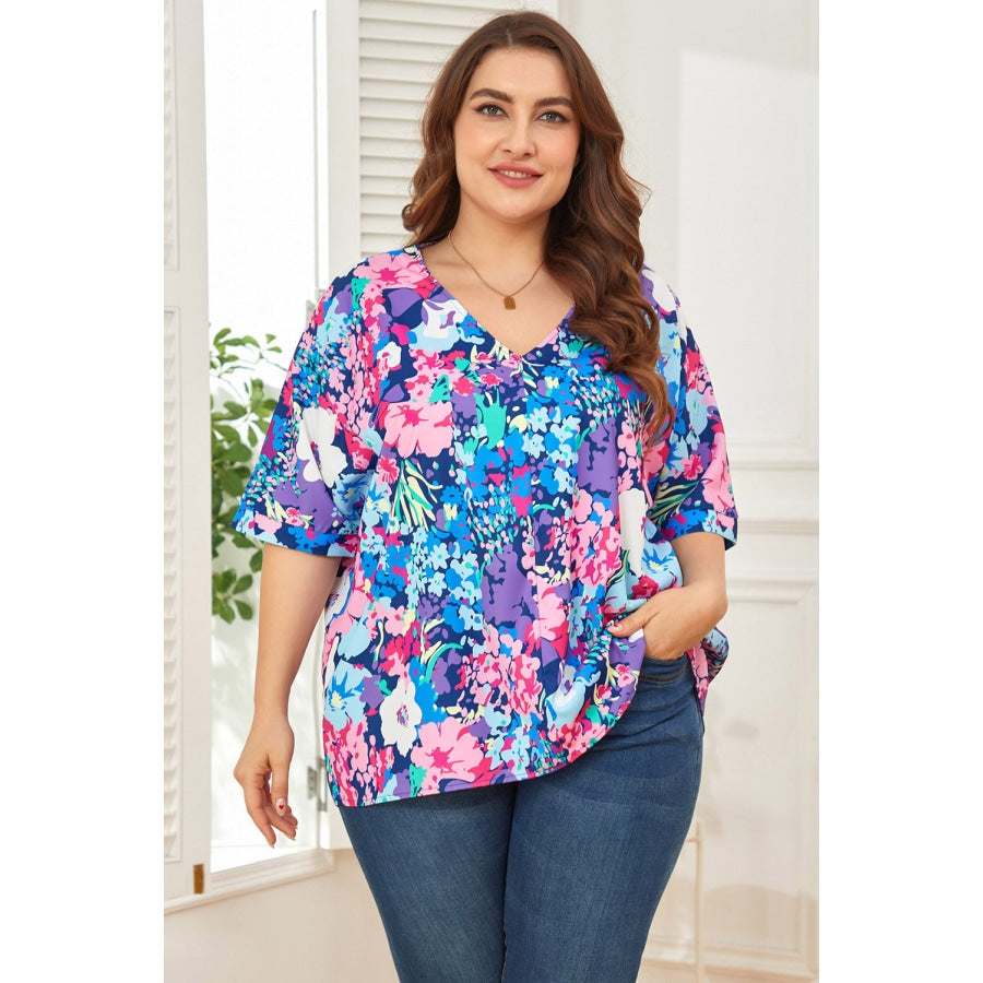 Floral Center Seam V-Neck Blouse