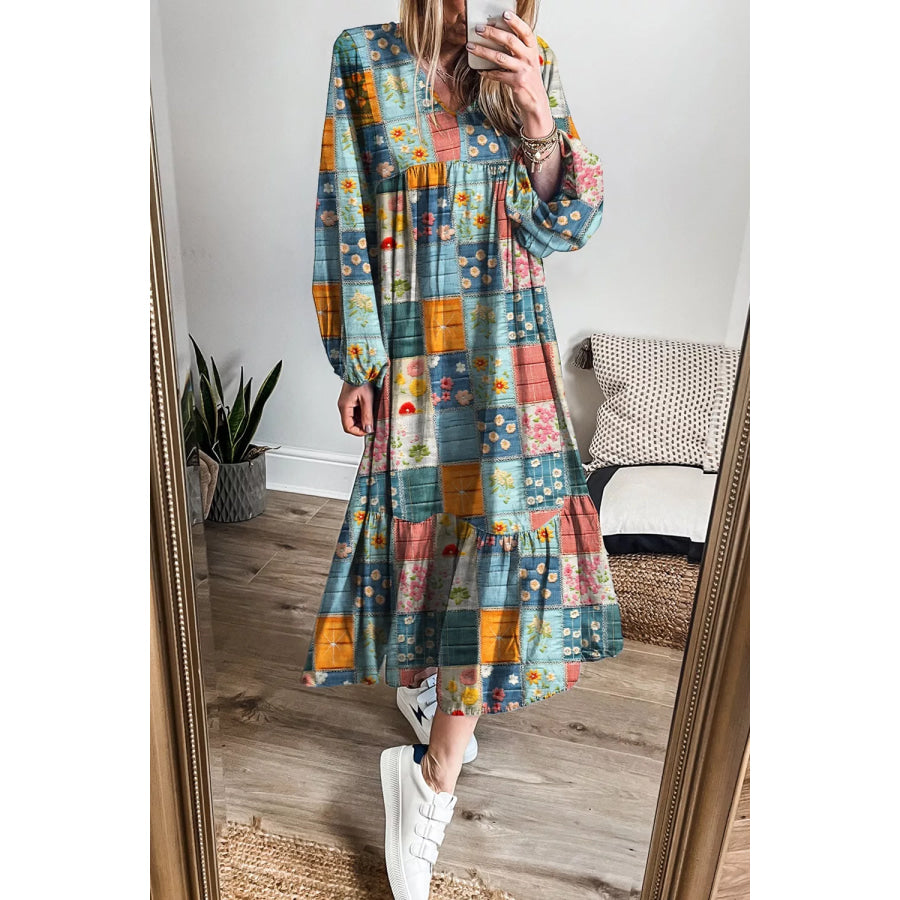 Floral Checkered V-Neck Dress Apparel and Accessories