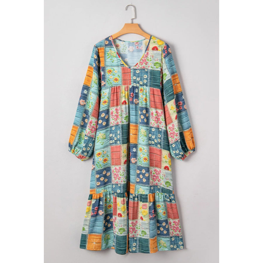Floral Checkered V-Neck Dress Apparel and Accessories