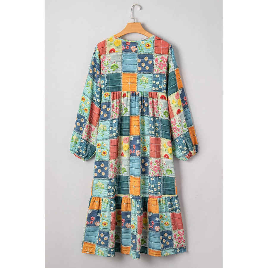 Floral Checkered V-Neck Dress Apparel and Accessories