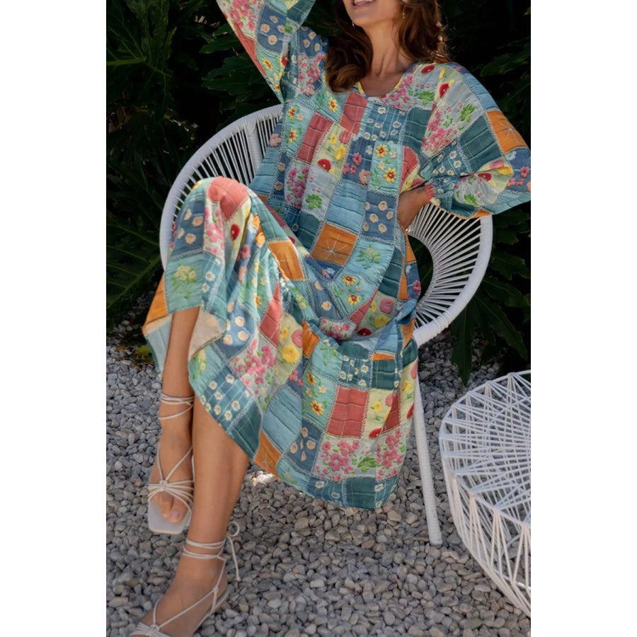 Floral Checkered V-Neck Dress Apparel and Accessories