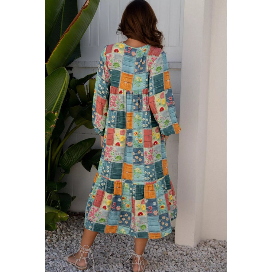 Floral Checkered V-Neck Dress Apparel and Accessories