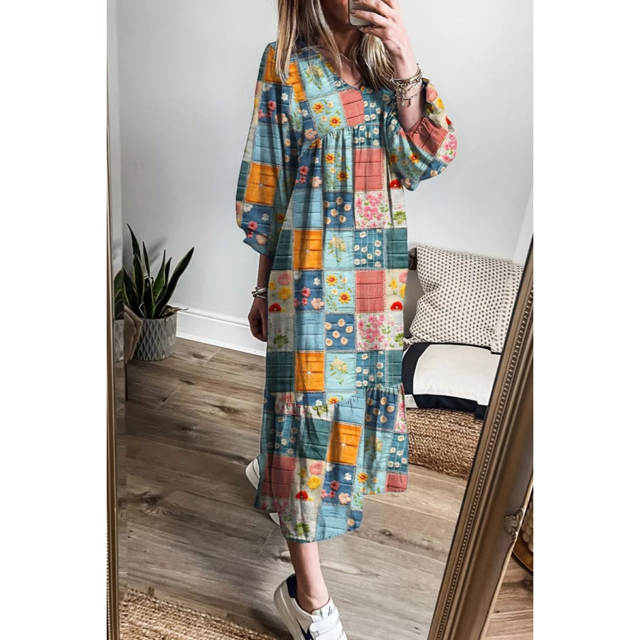 Floral Checkered V-Neck Dress Apparel and Accessories