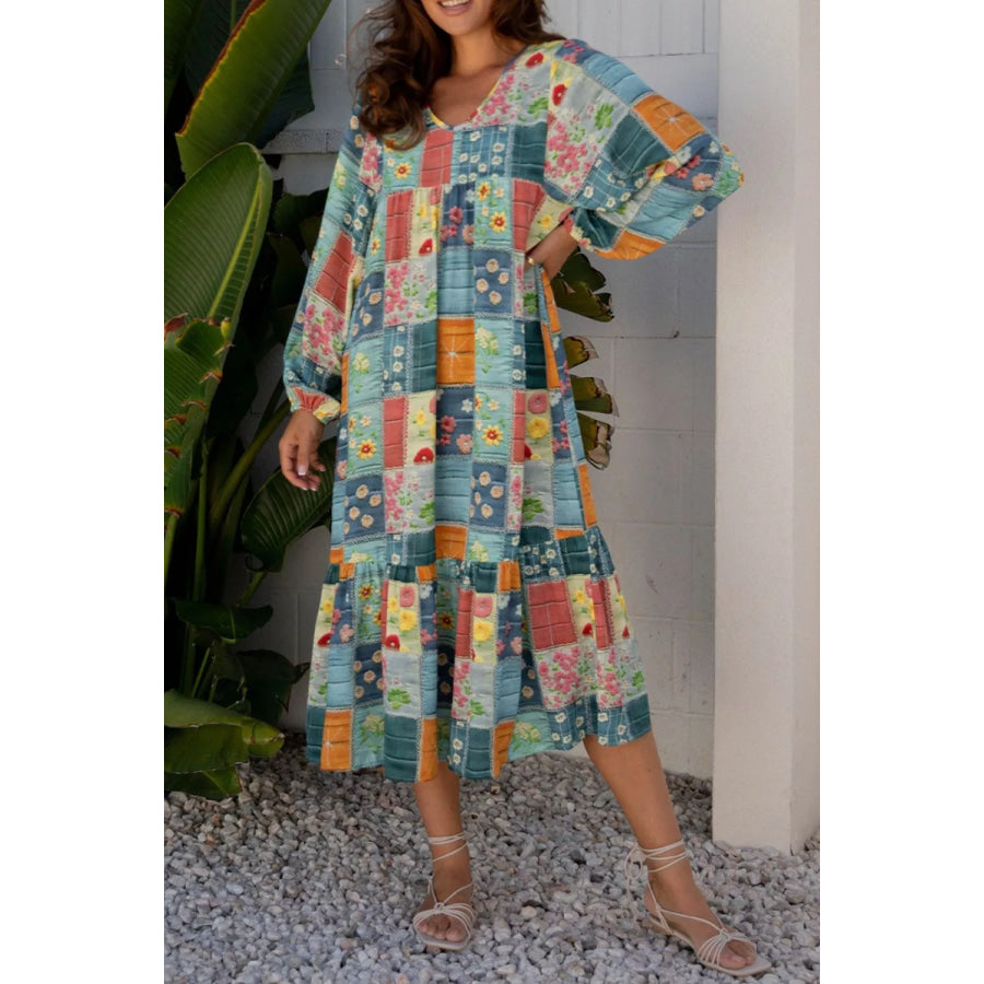 Floral Checkered V-Neck Dress Floral / S Apparel and Accessories