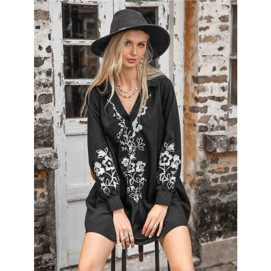 Floral Collared Neck Long Sleeve Dress Black / S