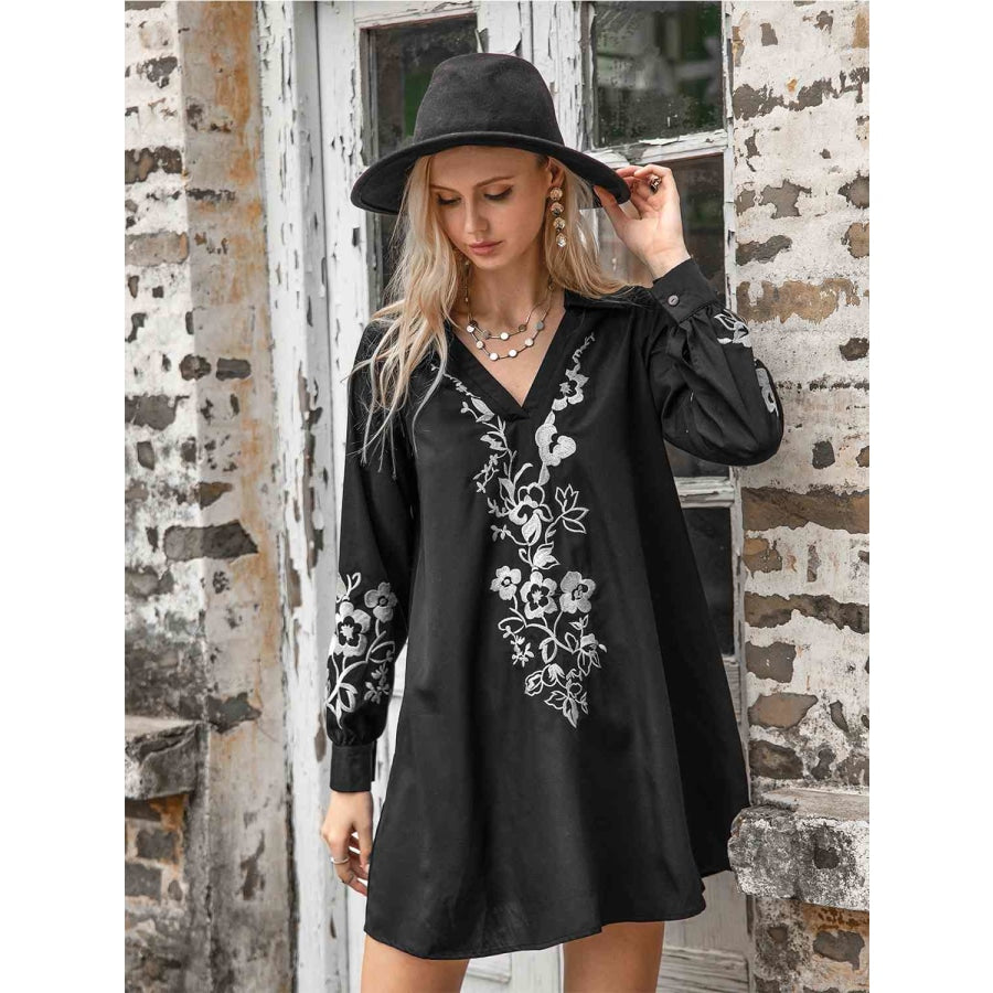 Floral Collared Neck Long Sleeve Dress