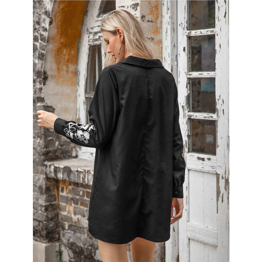 Floral Collared Neck Long Sleeve Dress Black / S