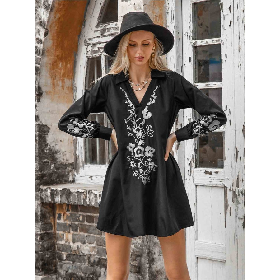 Floral Collared Neck Long Sleeve Dress