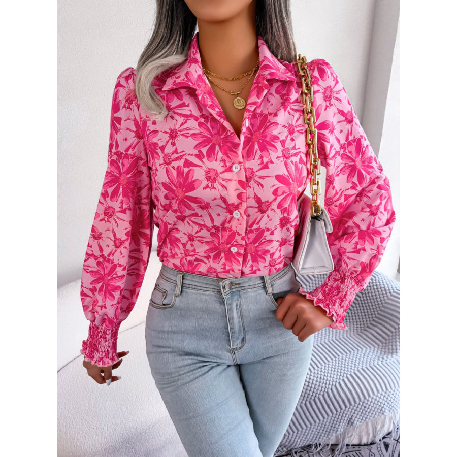 Floral Collared Neck Long Sleeve Shirt Apparel and Accessories