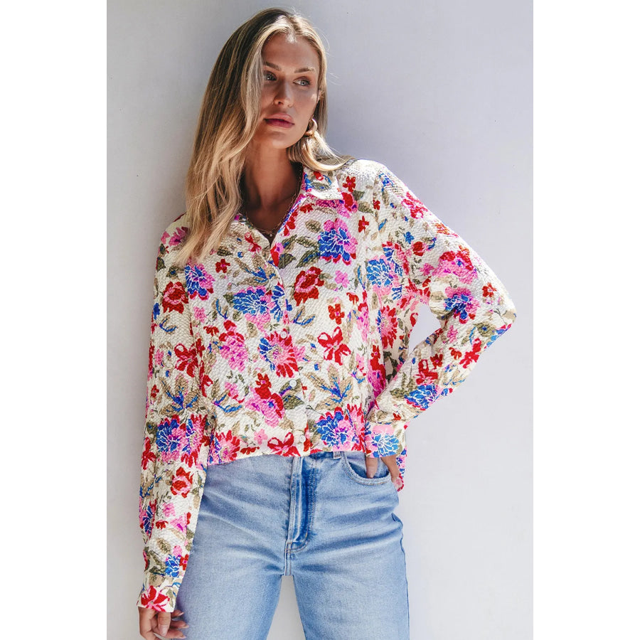 Floral Collared Neck Long Sleeve Shirt Apparel and Accessories