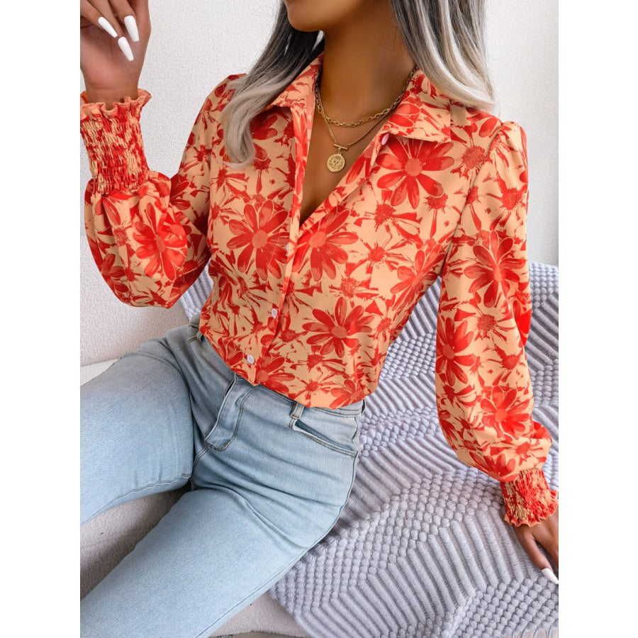 Floral Collared Neck Long Sleeve Shirt Apparel and Accessories