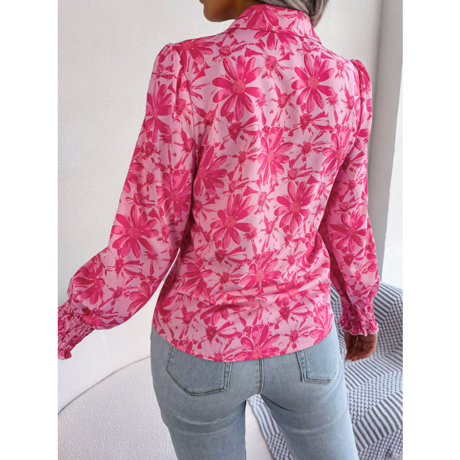 Floral Collared Neck Long Sleeve Shirt Apparel and Accessories