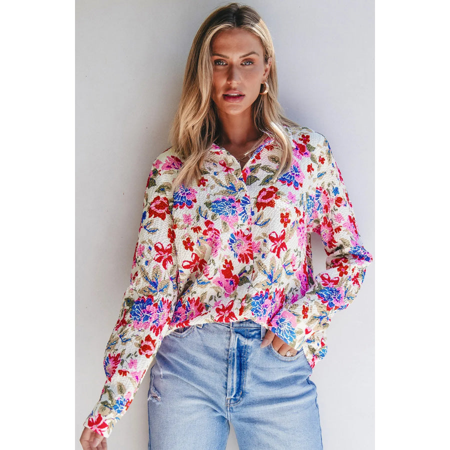 Floral Collared Neck Long Sleeve Shirt Apparel and Accessories