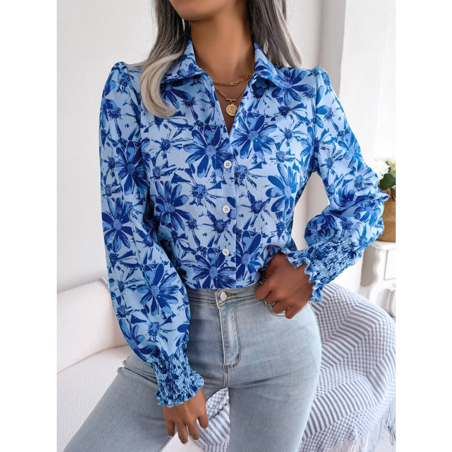 Floral Collared Neck Long Sleeve Shirt Apparel and Accessories