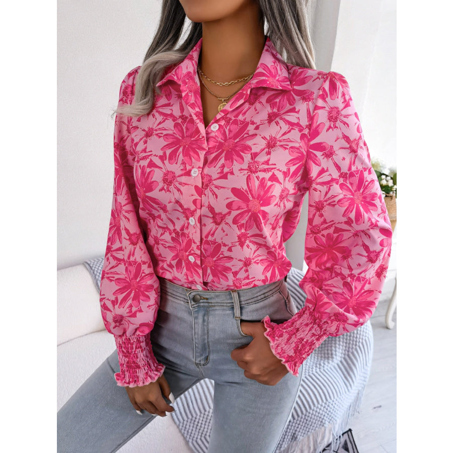 Floral Collared Neck Long Sleeve Shirt Apparel and Accessories