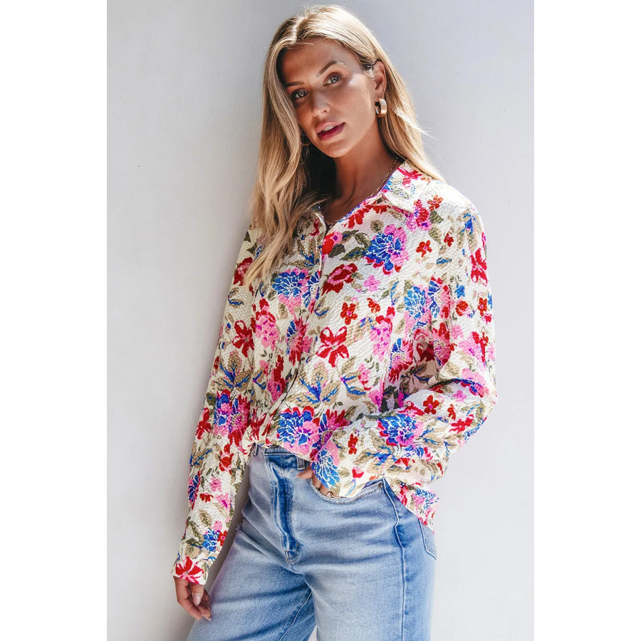 Floral Collared Neck Long Sleeve Shirt Apparel and Accessories