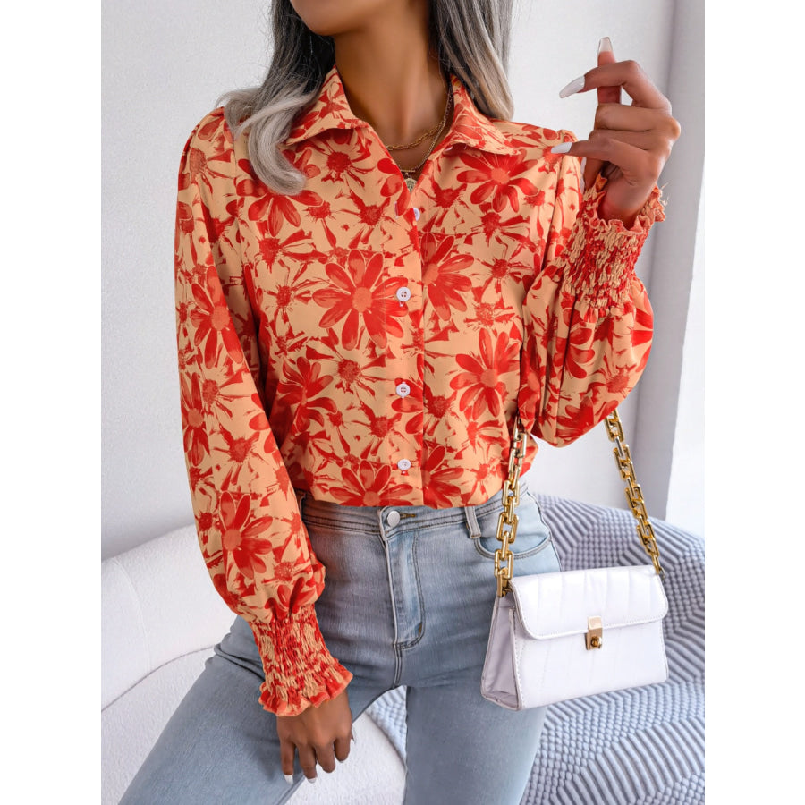 Floral Collared Neck Long Sleeve Shirt Apparel and Accessories