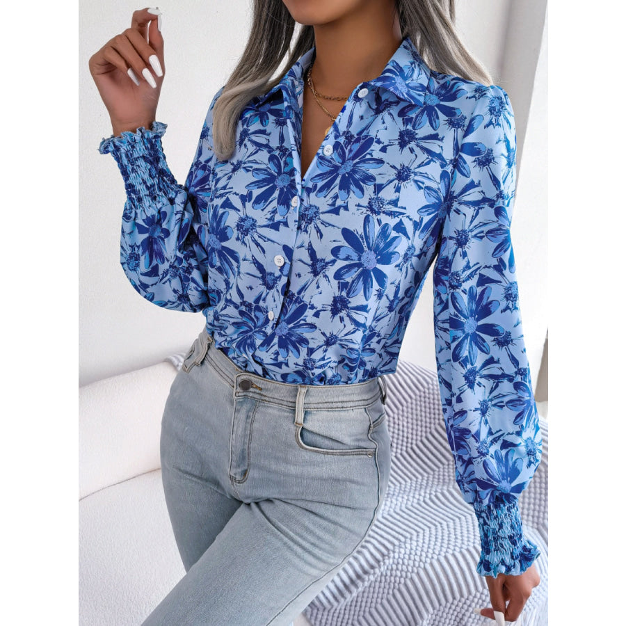 Floral Collared Neck Long Sleeve Shirt Apparel and Accessories