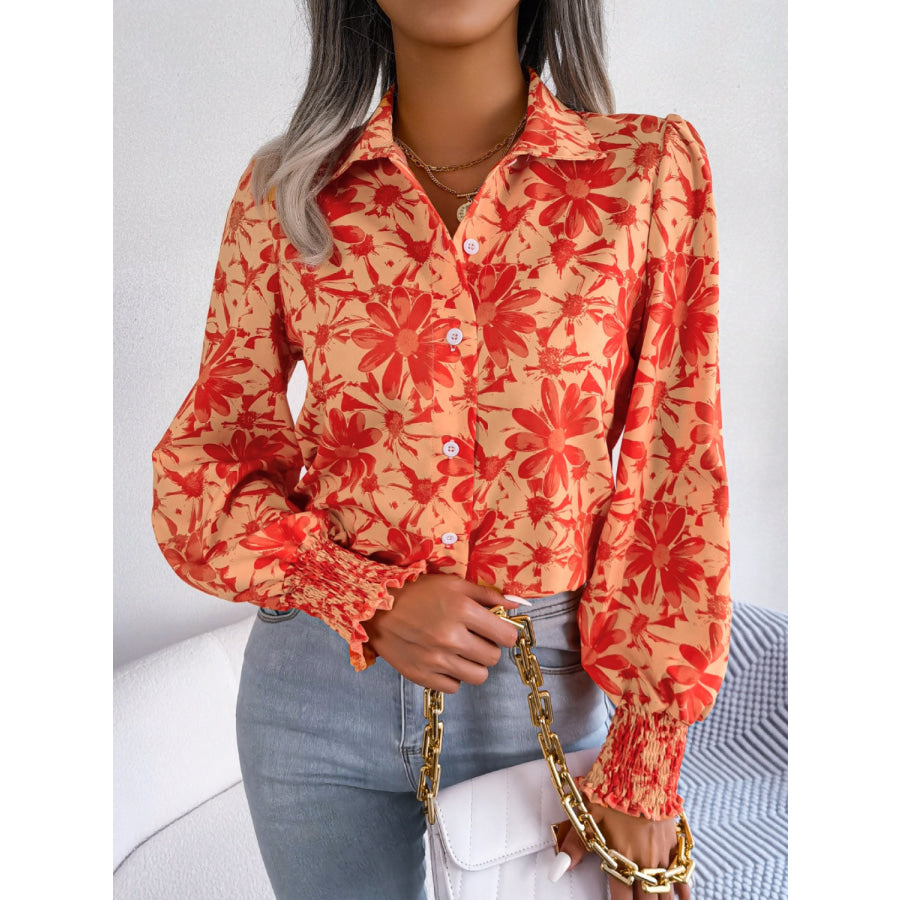 Floral Collared Neck Long Sleeve Shirt Apparel and Accessories