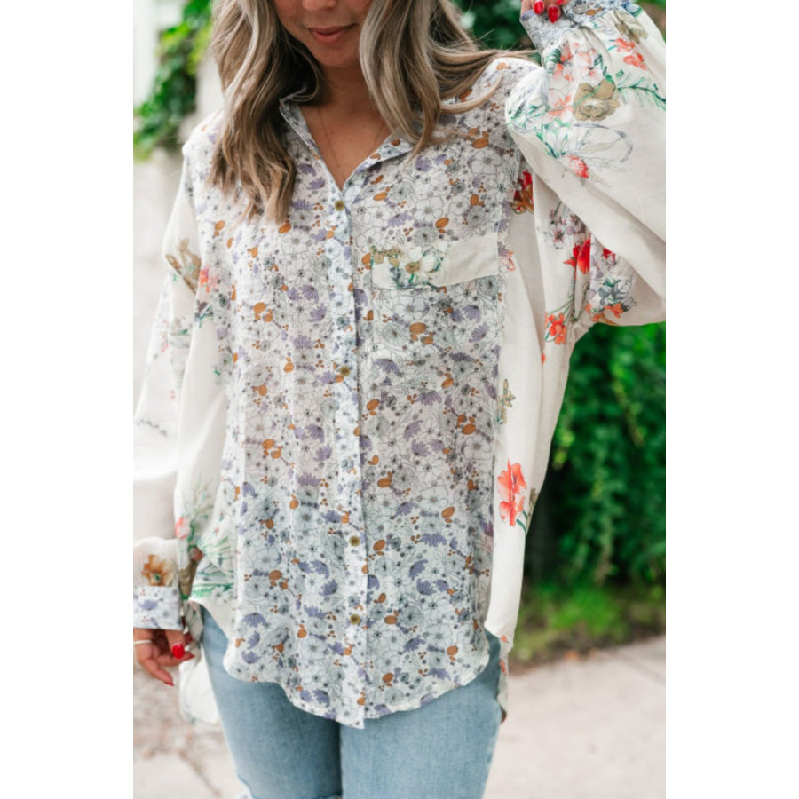 Floral Collared Neck Long Sleeve Shirt Apparel and Accessories