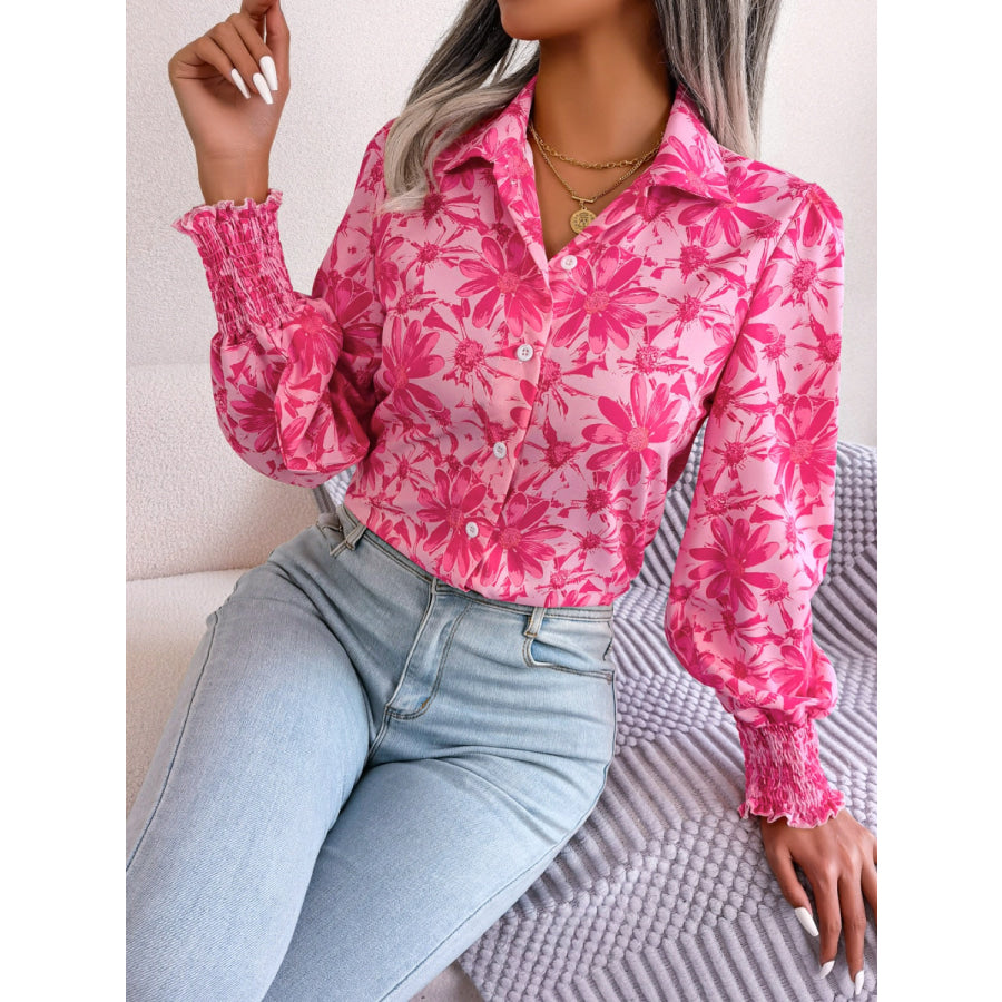 Floral Collared Neck Long Sleeve Shirt Apparel and Accessories