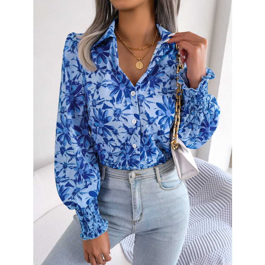 Floral Collared Neck Long Sleeve Shirt Apparel and Accessories