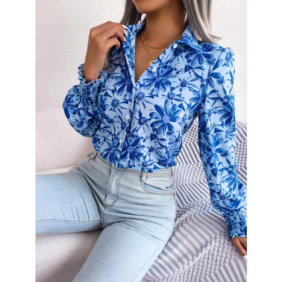 Floral Collared Neck Long Sleeve Shirt Apparel and Accessories