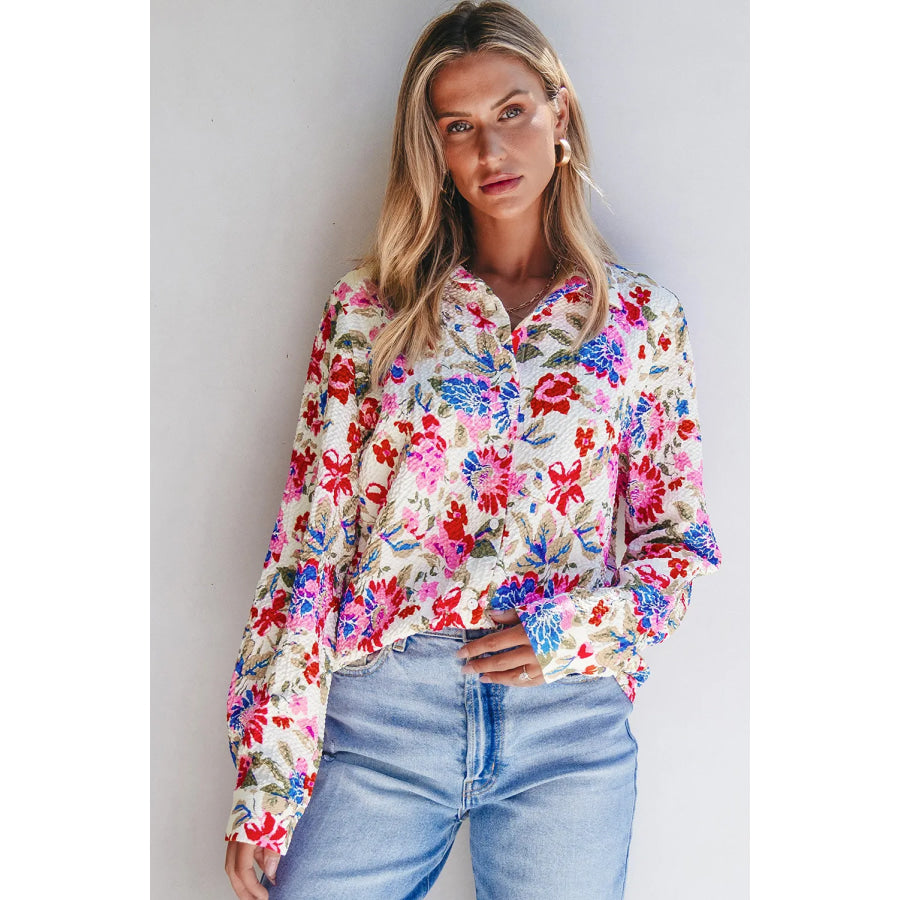 Floral Collared Neck Long Sleeve Shirt Apparel and Accessories