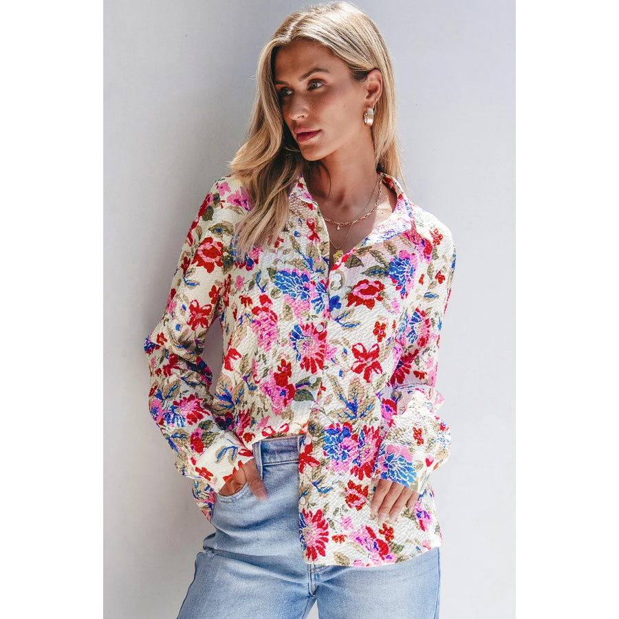 Floral Collared Neck Long Sleeve Shirt Apparel and Accessories